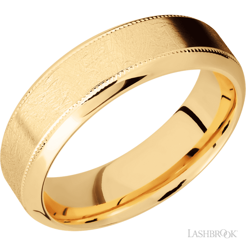 7 mm wide High Bevel Milgrain 14K Yellow Gold band.