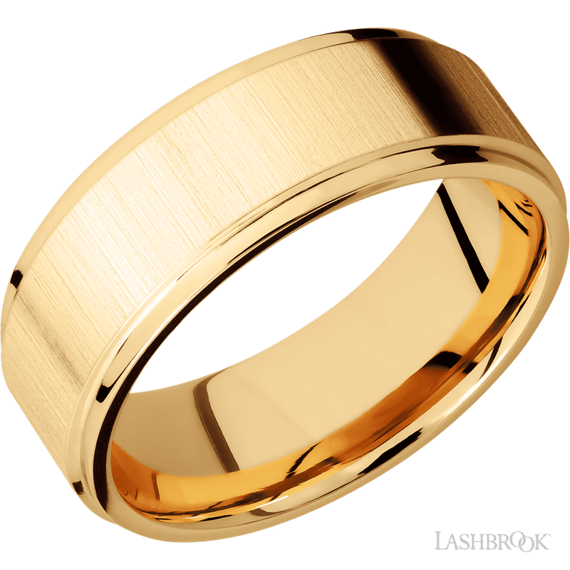 8 mm wide Flat Grooved Edges 14K Yellow Gold band.