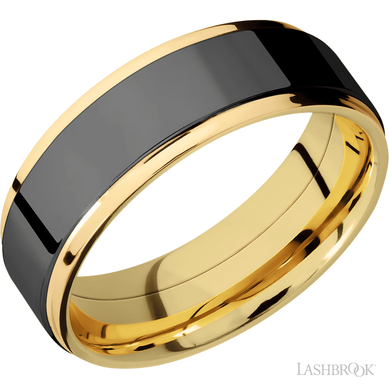 7 mm wide/Flat Grooved Edges/14K Yellow Gold band with one 5 mm Raised Centered inlay of Zirconium.