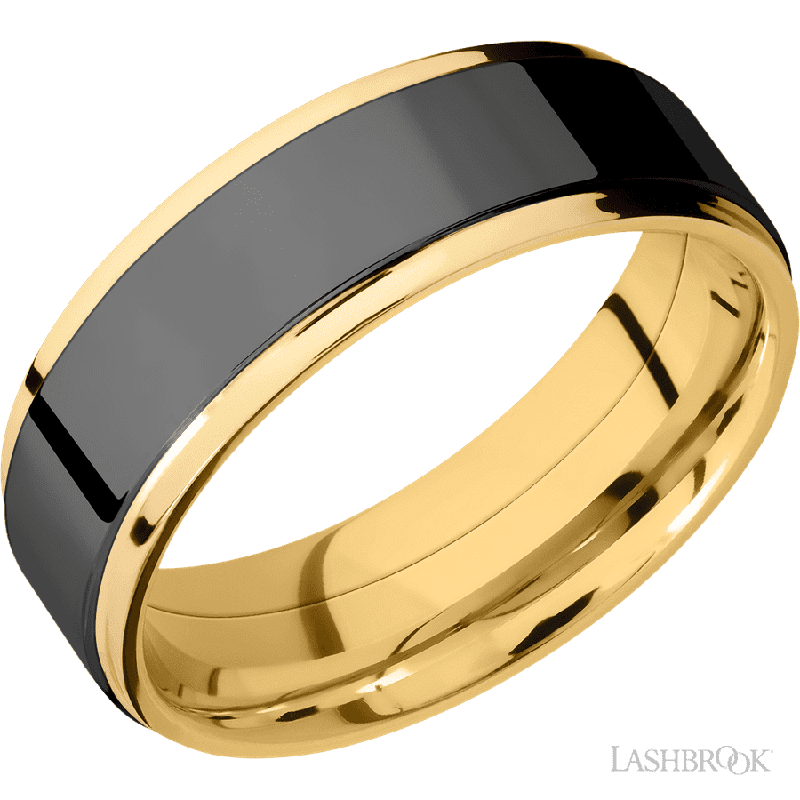 7 mm wide/Flat Grooved Edges/14K Yellow Gold band with one 5 mm Raised Centered inlay of Zirconium.