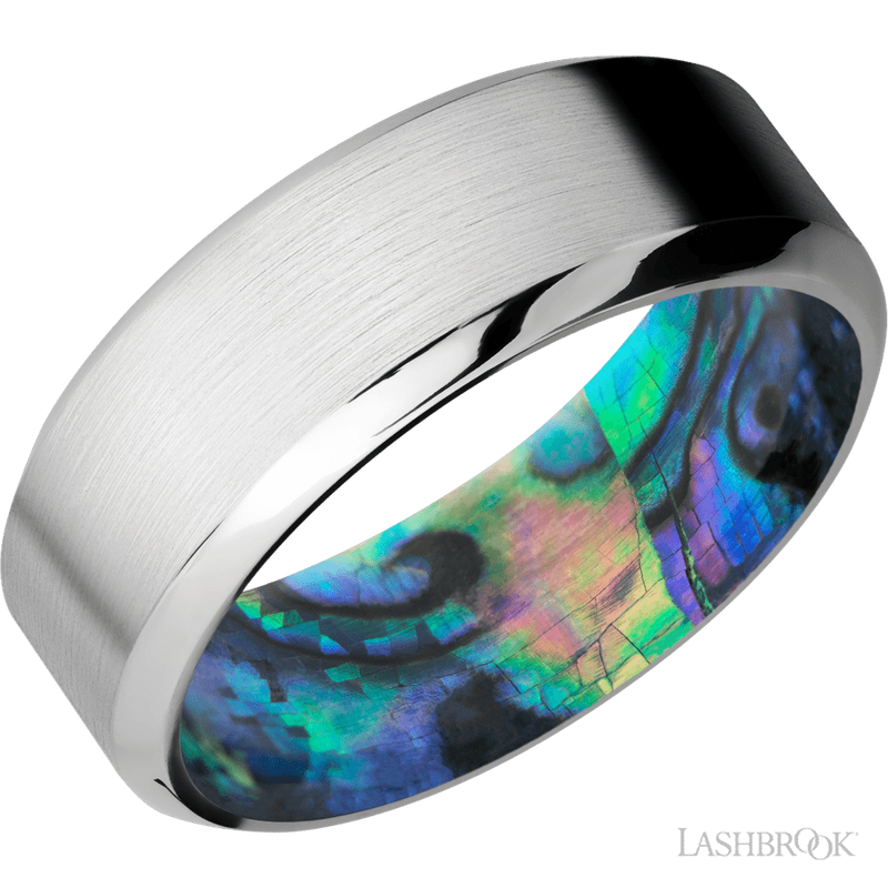 8 mm wide High Bevel Cobalt Chrome band featuring a Abalone sleeve.