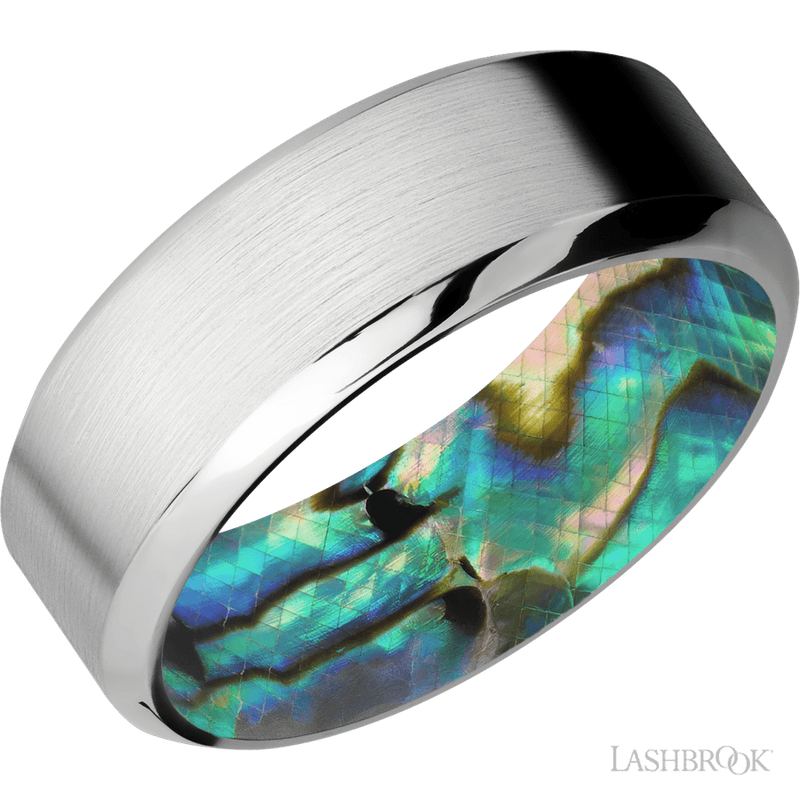8 mm wide High Bevel Cobalt Chrome band featuring a Abalone sleeve.
