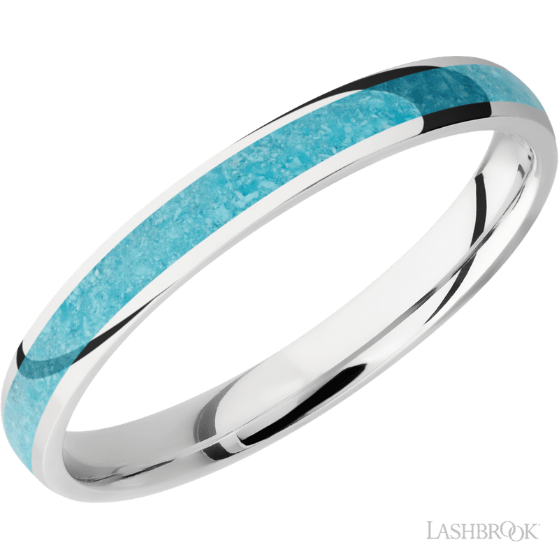 3 mm wide/Domed/Cobalt Chrome band with one 2 mm Centered inlay of Turquoise.