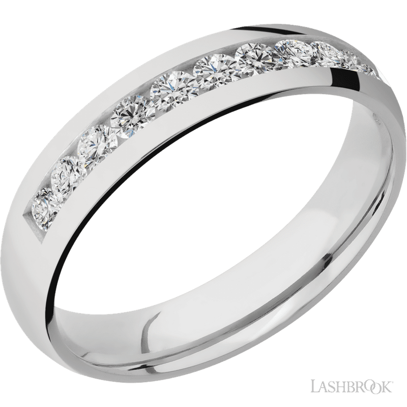 5 mm wide/Domed/Cobalt Chrome band with a Half Eternity arrangement of .07 carat Round Diamond stones in a Channel setting.