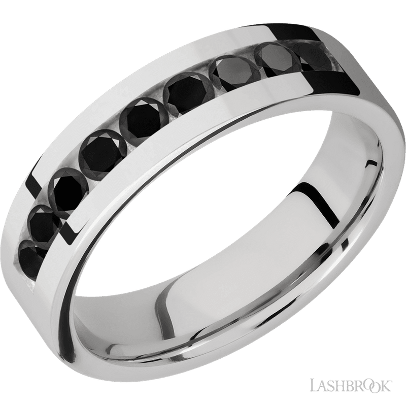 6 mm wide/Flat/Cobalt Chrome band with an arrangement of 9, .1 carat Round Black Diamond stones in a Channel setting.