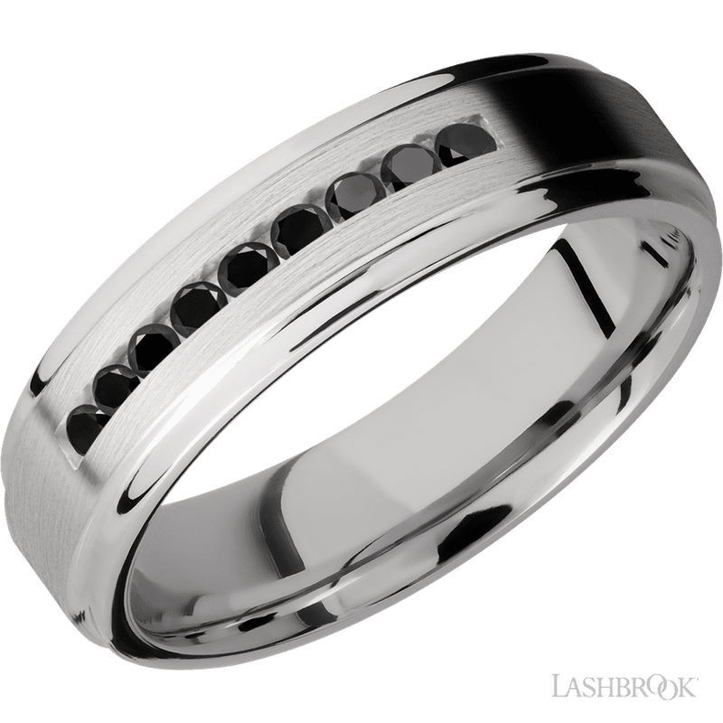 6 mm wide/Flat Grooved Edges/Cobalt Chrome band with an arrangement of 9, .03 carat Round Black Diamond stones in a Channel setting.