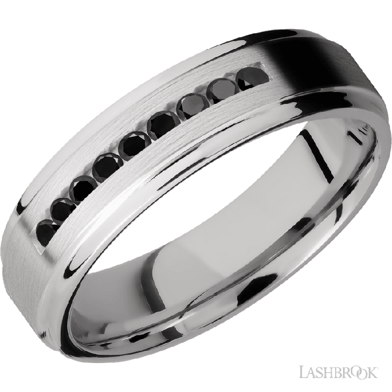 6 mm wide/Flat Grooved Edges/Cobalt Chrome band with an arrangement of 9, .03 carat Round Black Diamond stones in a Channel setting.