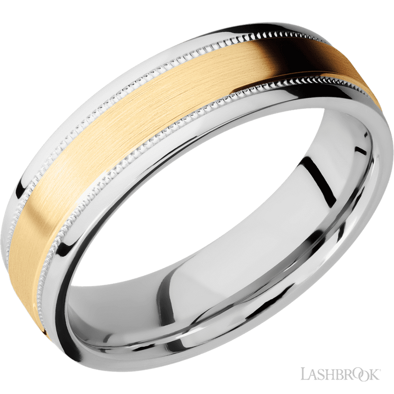 6 mm wide/Flat Stepped Edges Milgrain/Cobalt Chrome band with one 3 mm Raised Centered inlay of 14K Yellow Gold.