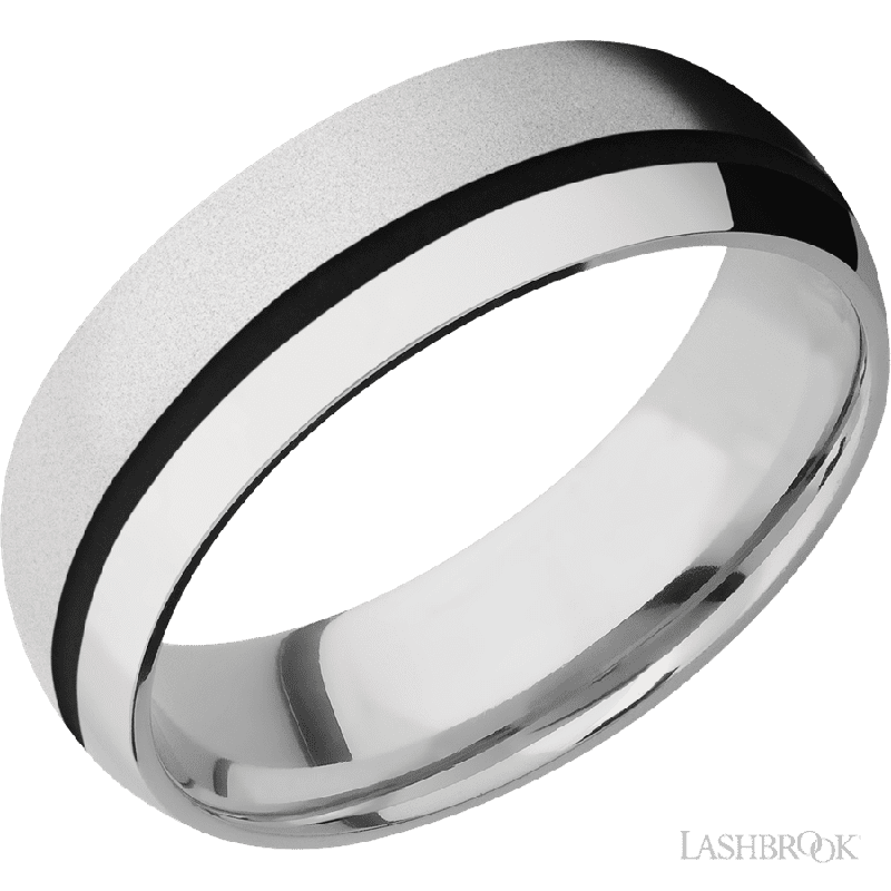 7 mm wide/Domed/Cobalt Chrome band with one 1 mm Off Center inlay of Black.