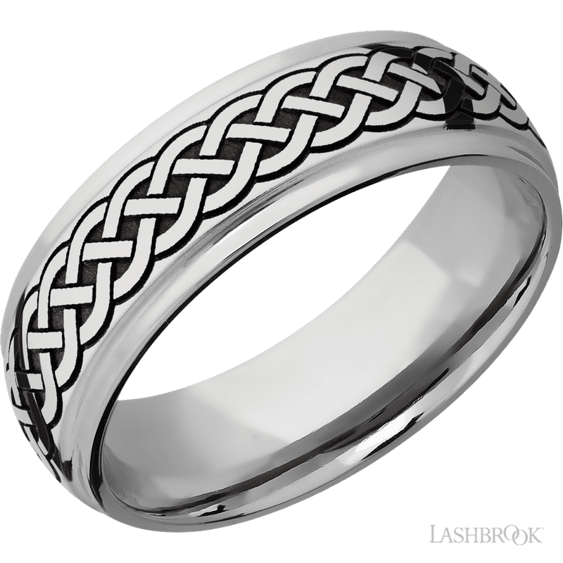 7 mm wide/Domed Stepped Down Edges/Cobalt Chrome band with a laser carved Celtic 9 pattern.