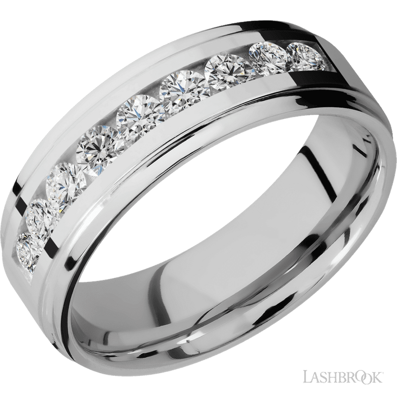 7 mm wide/Flat Grooved Edges/Cobalt Chrome band with an arrangement of 9, .1 carat Round Diamond stones in a Channel setting.