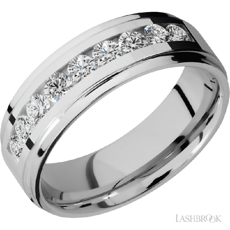 7 mm wide/Flat Grooved Edges/Cobalt Chrome band with an arrangement of 9, .1 carat Round Diamond stones in a Channel setting.