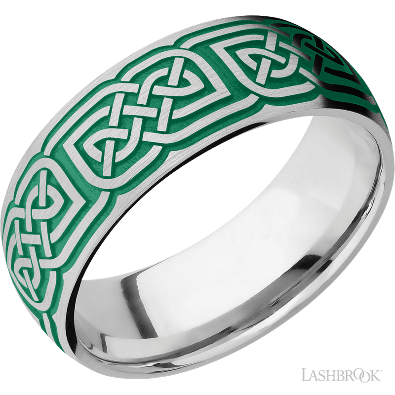 8 mm wide/Domed/Cobalt Chrome band with a laser carved Celtic 17 pattern.