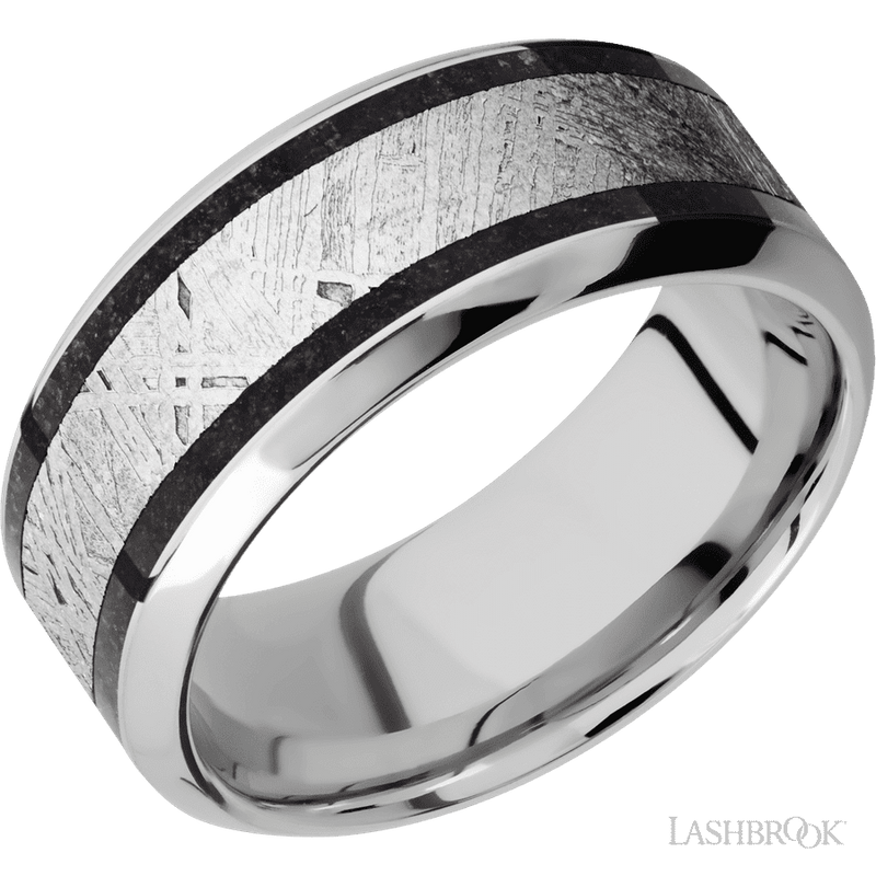 9 mm wide/High Bevel/Cobalt Chrome band featuring inlays of Dinosaur Bone Black and Meteorite.