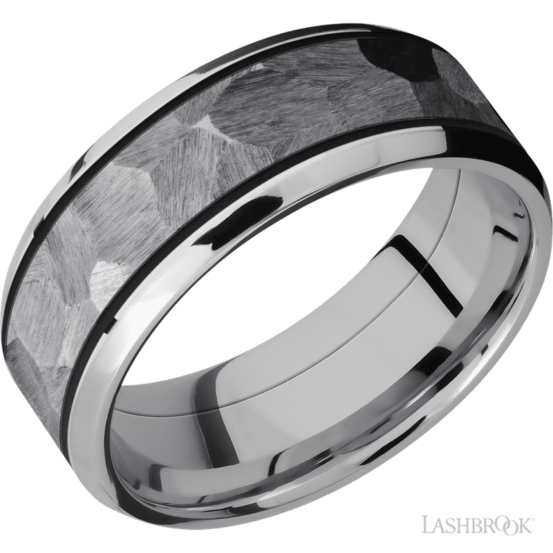 8 mm wide/Beveled/Cobalt Chrome band with one 5 mm Centered inlay of Tantalum.