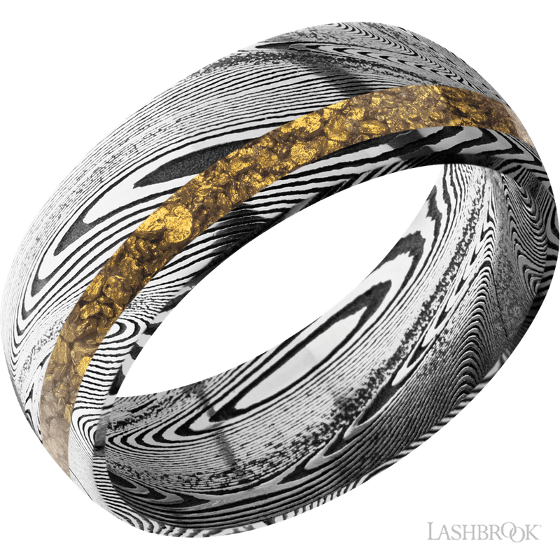8 mm wide/Domed/Tightweave band with one 2 mm Off Center inlay of Alaskan Gold Nugget.