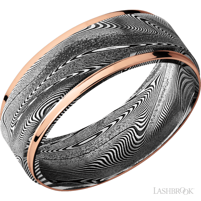 8 mm wide/Flat Grooved Edges/Tightweave band with two 1 mm Edge inlays of 14K Rose Gold.