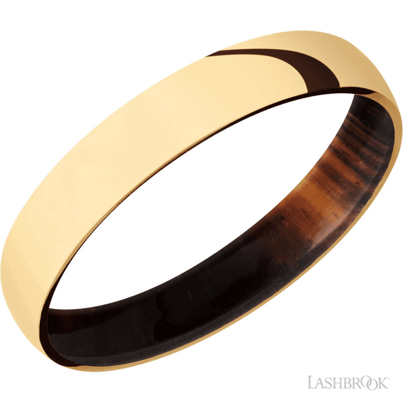4 mm wide Domed 14K Yellow Gold band featuring a Cocobolo sleeve.