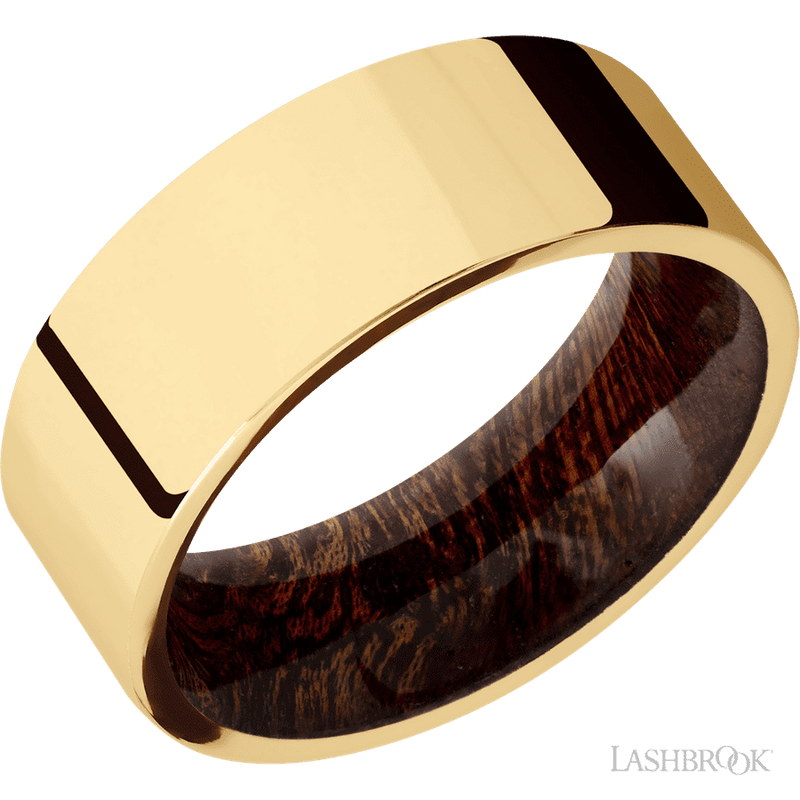 8 mm wide Flat 14K Yellow Gold band featuring a Sapele sleeve.