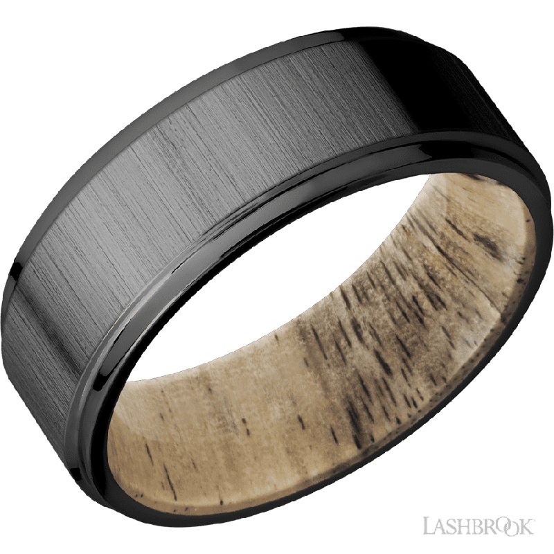 8 mm wide Flat Grooved Edges Zirconium band featuring a Spalted Tamarind sleeve.