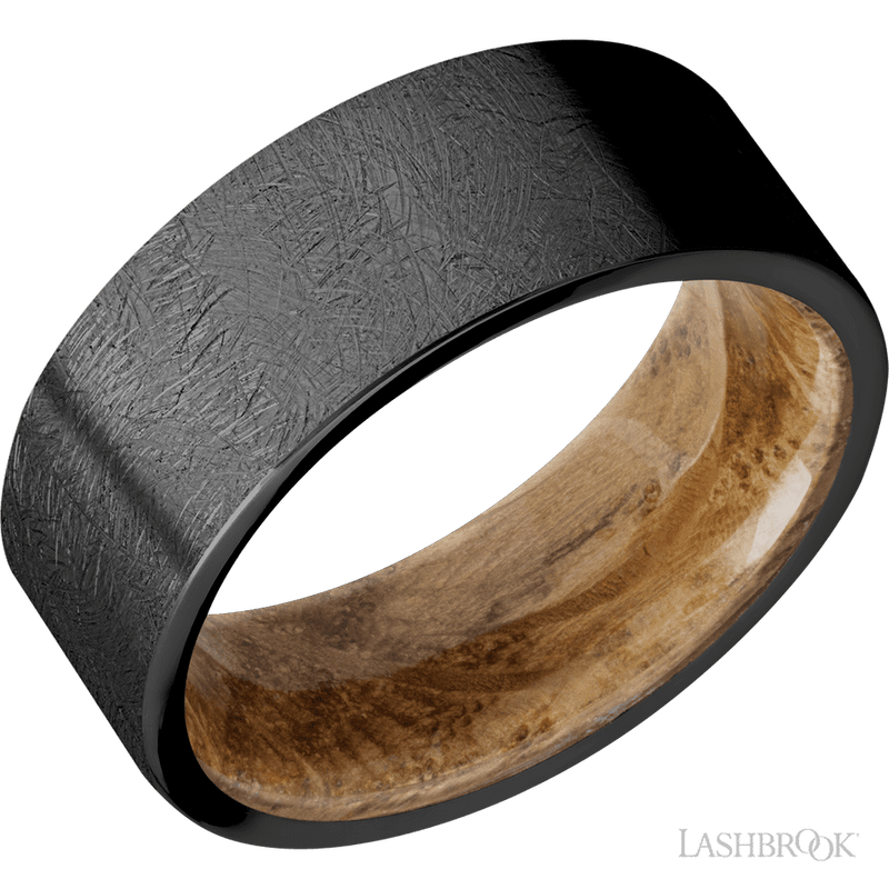 8 mm wide Flat Zirconium band featuring a Whiskey Barrel sleeve.
