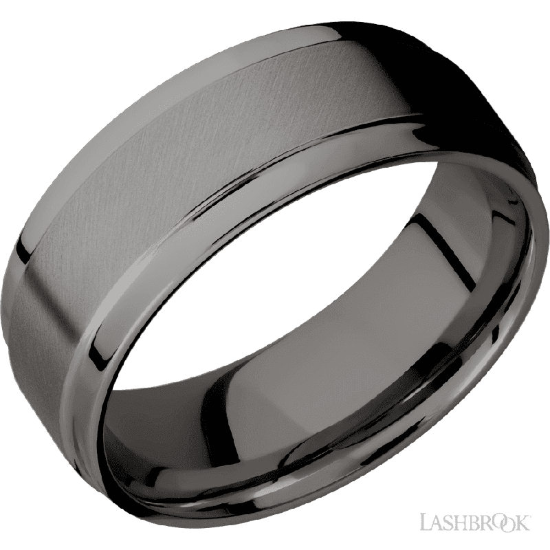 8 mm wide Flat Wide Grooved Edges Tantalum Noir band.