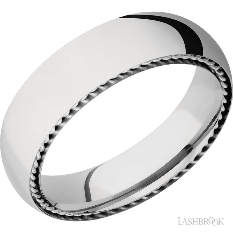 6 mm wide/Domed/14K White Gold band with two 1 mm Sidebraid inlays of 14K White Gold.