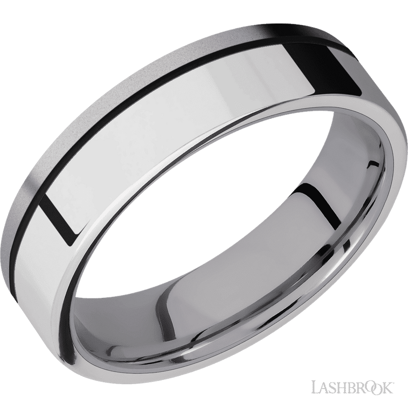 6 mm wide/Flat/Tantalum band with one 4 mm Off Center Edge inlay of Palladium Silver.