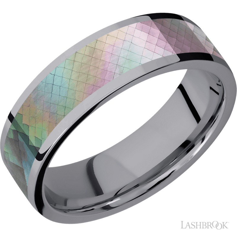 7 mm wide/Flat/Tantalum band with one 5 mm Centered inlay of Black Mother of Pearl.