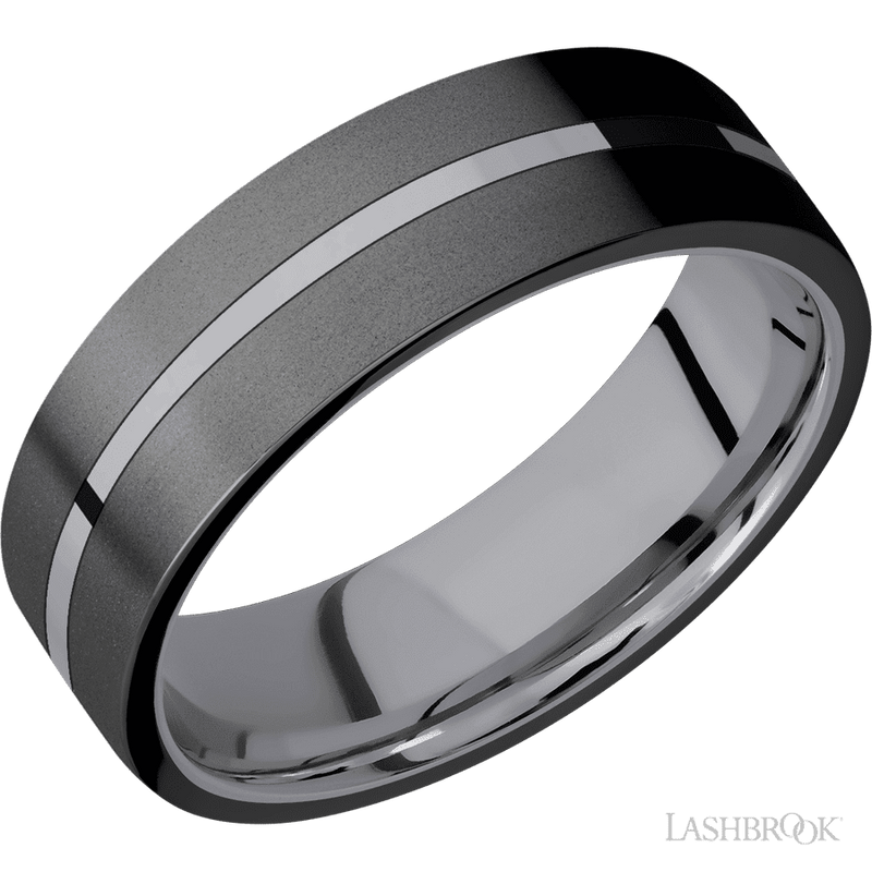 7 mm wide/Flat/Tantalum band with two 3 mm Double Off Center Edge inlays of Zirconium.