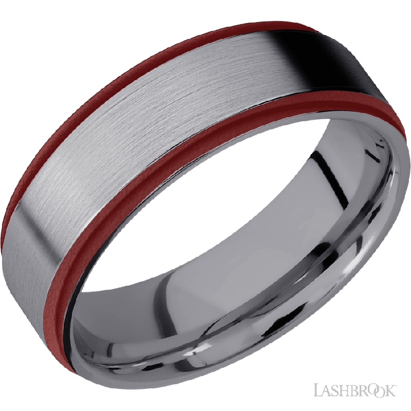 7 mm wide/Flat Grooved Edges/Tantalum band with two 1 mm Edge inlays of Crimson.