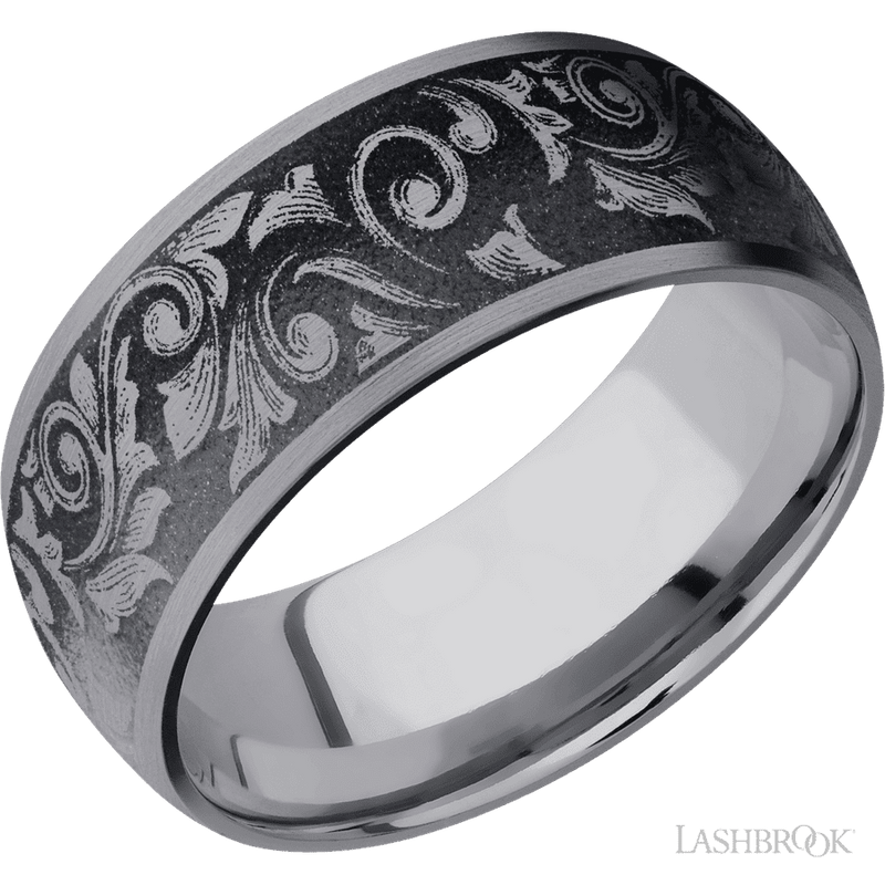 9 mm wide/Domed/Tantalum band with a laser carved Western Scroll pattern.