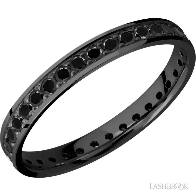 3 mm wide/Flat/Zirconium band with an Eternity arrangement of .03 carat Round Black Diamond stones in a Bead setting.