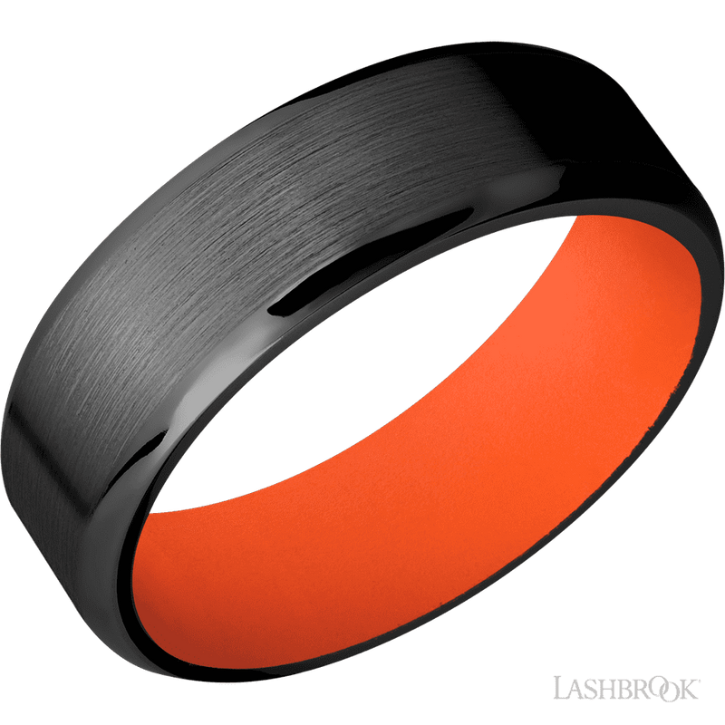 7 mm wide Beveled Zirconium band featuring a Hunter Orange sleeve.