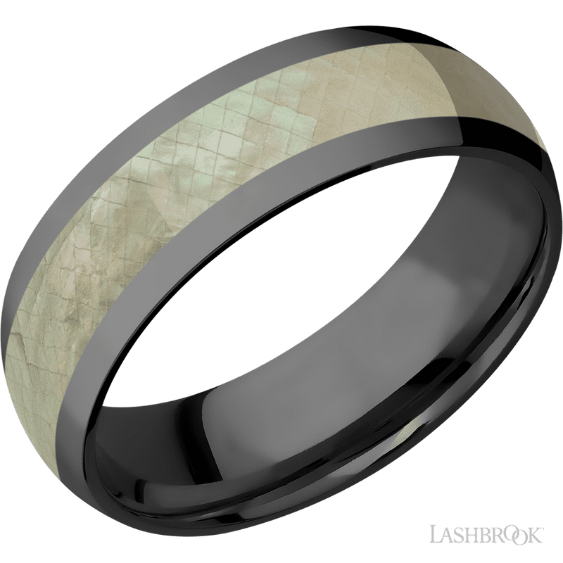 7 mm wide/Domed/Zirconium band with one 4 mm Centered inlay of Freshwater Mother of Pearl.