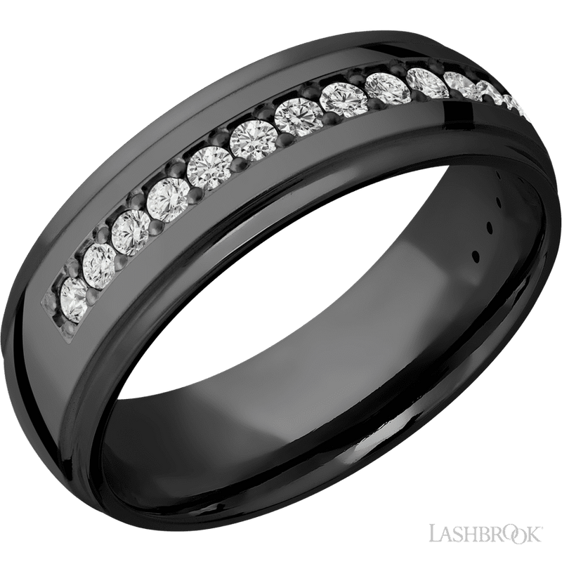 7 mm wide/Domed Stepped Down Edges/Zirconium band with a Half Eternity arrangement of .03 carat Round Diamond stones in a Bead setting.