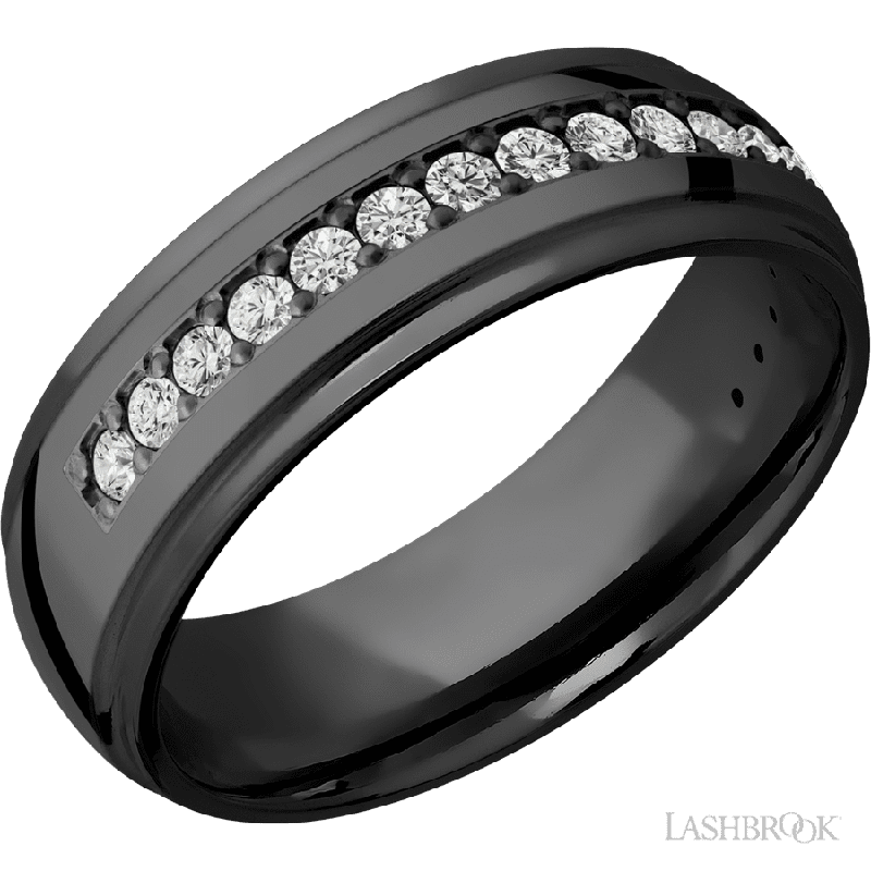 7 mm wide/Domed Stepped Down Edges/Zirconium band with a Half Eternity arrangement of .03 carat Round Diamond stones in a Bead setting.