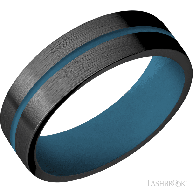 7 mm wide/Flat/Zirconium band with one 1 mm Centered inlay of Royal Blue also featuring a Royal Blue sleeve.
