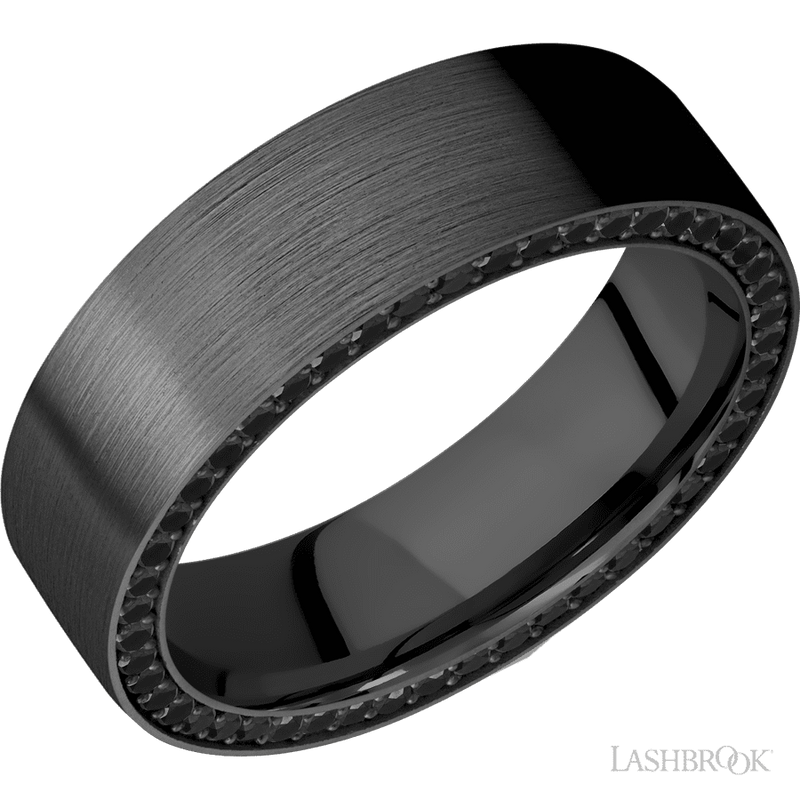 7 mm wide/Flat/Zirconium band with a Side Eternity arrangement of .01 carat Round Black Diamond stones in a Bead setting.