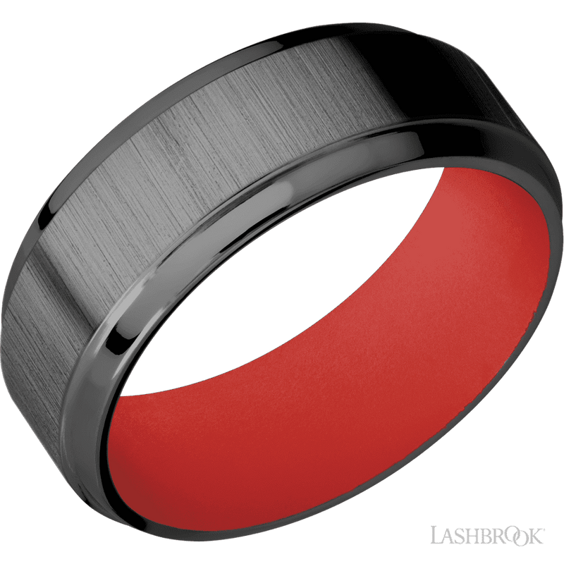 8 mm wide Stepped Bevel Zirconium band featuring a USMC Red sleeve.