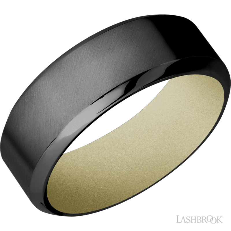 8 mm wide High Bevel Zirconium band featuring a Bright Nickel sleeve.