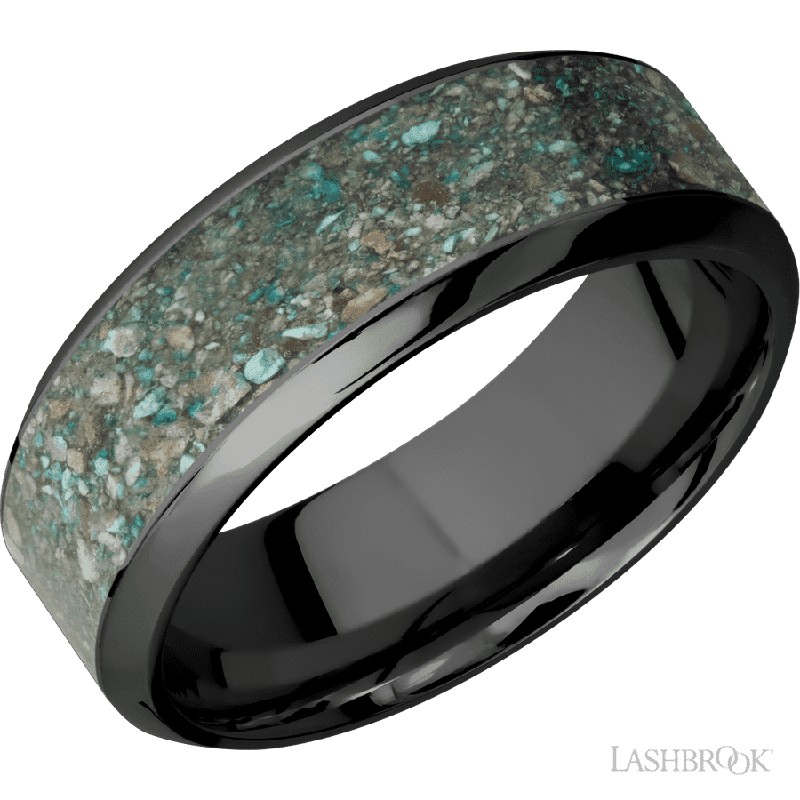 8 mm wide/High Bevel/Zirconium band with one 5 mm Centered inlay of Ocean Jasper.