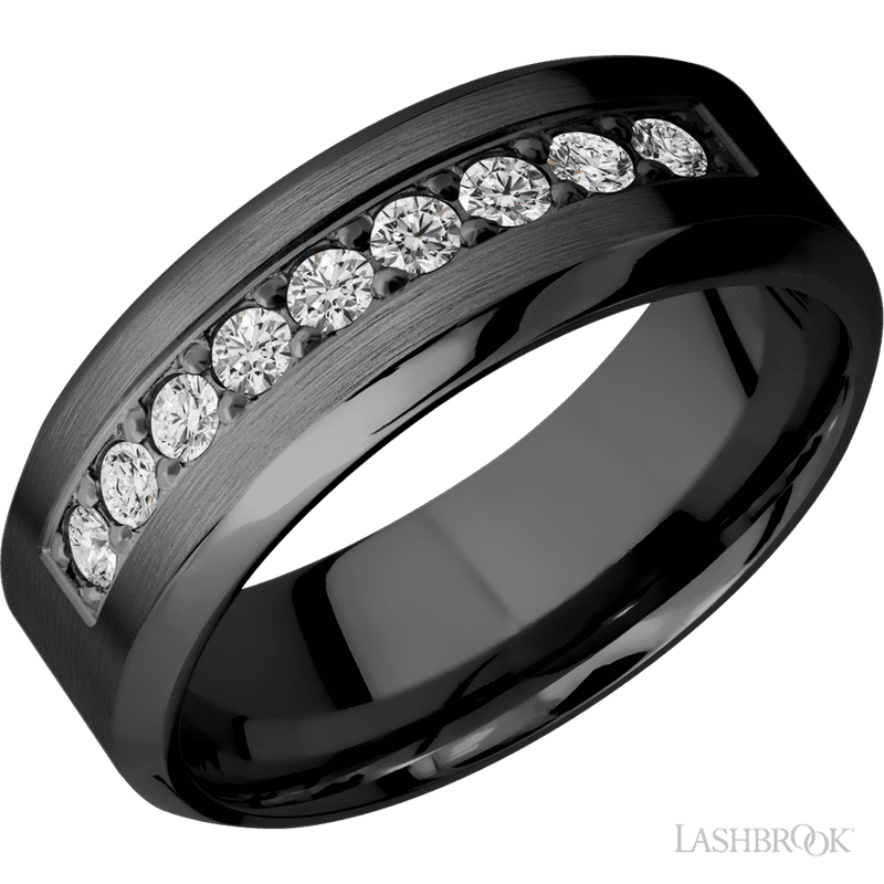 8 mm wide/High Bevel/Zirconium band with an arrangement of 9, .05 carat Round Diamond stones in a Bead setting.