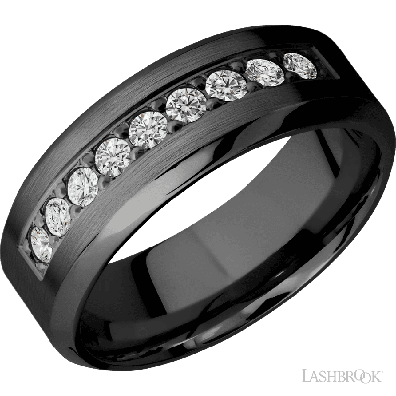 8 mm wide/High Bevel/Zirconium band with an arrangement of 9, .05 carat Round Diamond stones in a Bead setting.