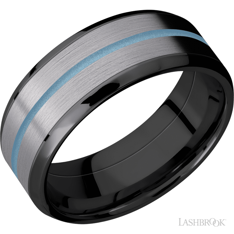 8 mm wide/Beveled/Zirconium band featuring inlays of Tantalum and Polar Blue.