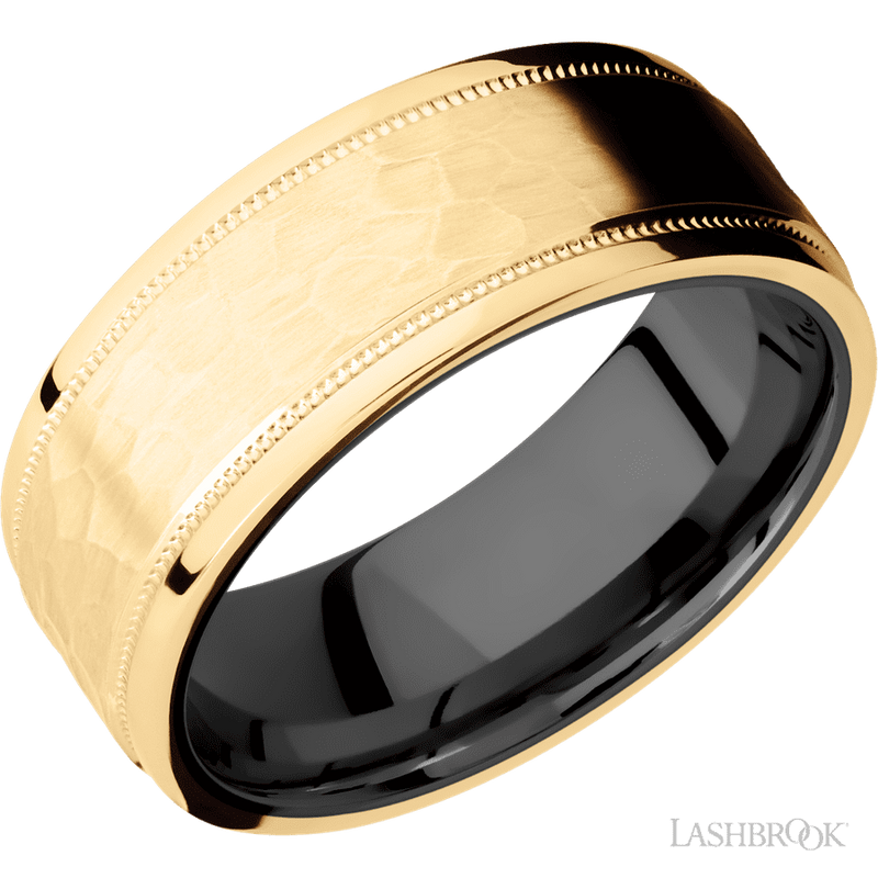 8 mm wide Flat Stepped Edges Milgrain 14K Yellow Gold band featuring a Zirconium sleeve.