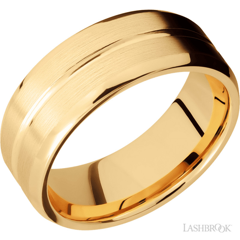 8 mm wide Beveled with Center Accent Groove 14K Yellow Gold band.