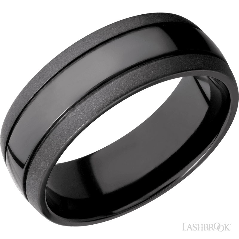 8 mm wide Domed with two accent grooves Zirconium band.