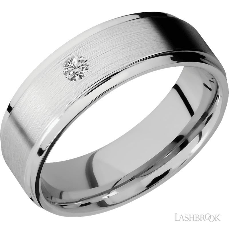 7 mm wide/Flat Grooved Edges/14K White Gold band with an arrangement of 1, .1 carat Round Diamond stones in a Flush setting.