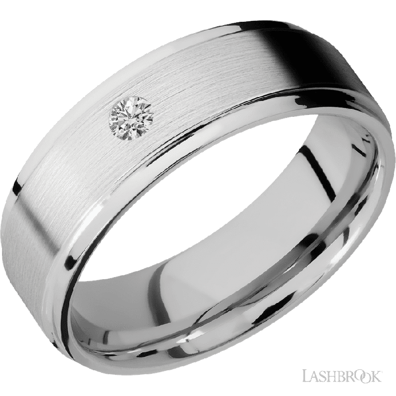 7 mm wide/Flat Grooved Edges/14K White Gold band with an arrangement of 1, .1 carat Round Diamond stones in a Flush setting.